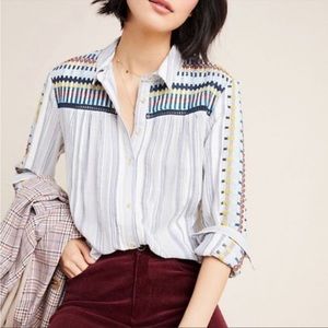 Pilcro Anthropologie XL Cotton Striped Embroidered Button Down Blouse Embroidery